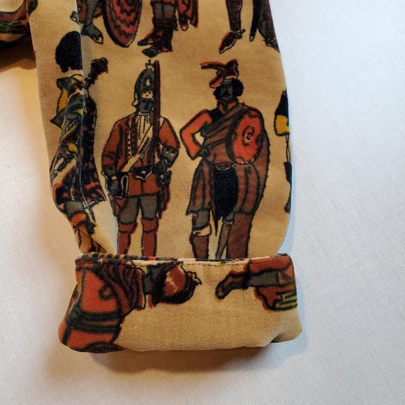 Vintage Velvet Boat Neck Medieval Knights Warriors Print Armor Cropped Shirt - Picture 8 of 15